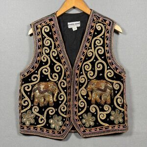 VTG Carol Horn Workshop Elephant Vest Black Velvet Sequined Embroidered Boho M